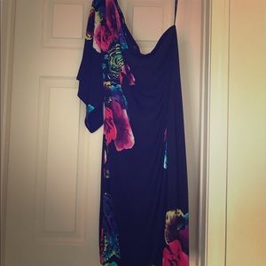 One shoulder black flowered dress size 14